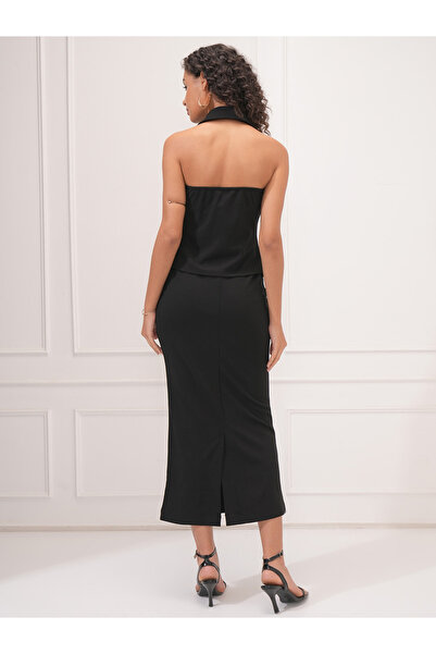 Tokyo Talkies By Styli Solid Sleeveless Top with Buttons and Pencil Midi Skirt Co-Ords