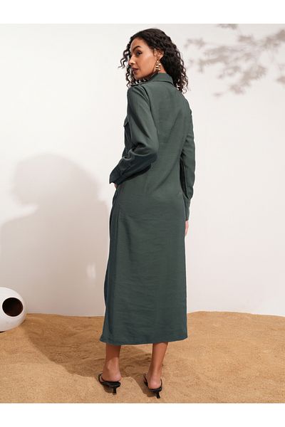 Tokyo Talkies By Styli Solid Collared Shirt Midi Dress with Front Slit Detail