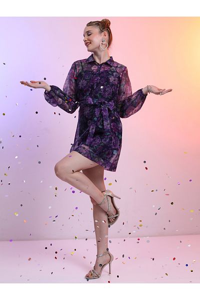 Tokyo Talkies By Styli All-Over Floral Print Collared Balloon Sleeve Mini Dress