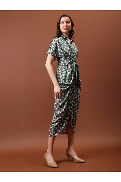 Athena By Styli Printed Satin Shirt Midi Dress with Pleated Detail