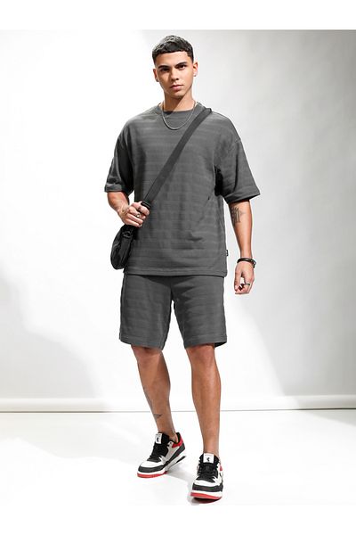 Highlander By Styli Self Design Round Neck T-Shirt and Shorts