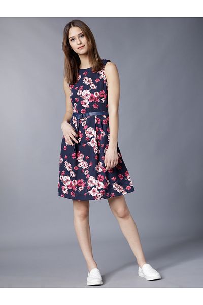 Tokyo Talkies By Styli All-Over Floral Print Peated Round Neck Mini Dress