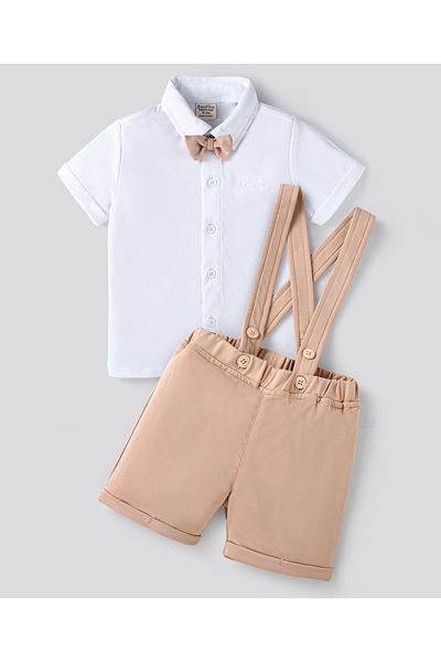 Bonfino Bonfino Solid Shirt & Shorts Set with Bow & Suspender - Tan & Off White