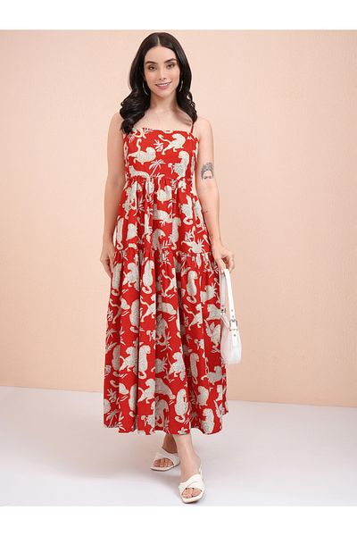 Tokyo Talkies By Styli All-Over Print Strappy Maxi Dress with Pockets Detail