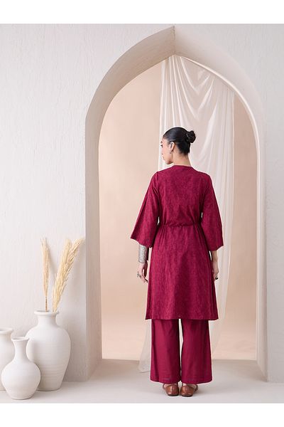 Femmella By Styli Embroidered V Neck Wrap Style Tunic and Straight Pants Co-Ords