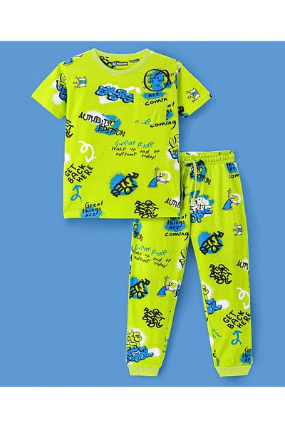 Pine kids Pine Kids Single Jersey Knit Half Sleeves Night Suit Text Print -Neon Green
