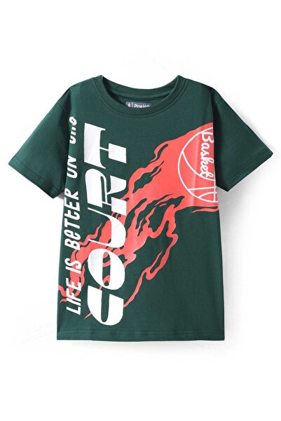 Pine kids تي شيرت باين كيدز من القطن بطبعة نصية - أخضر غامق