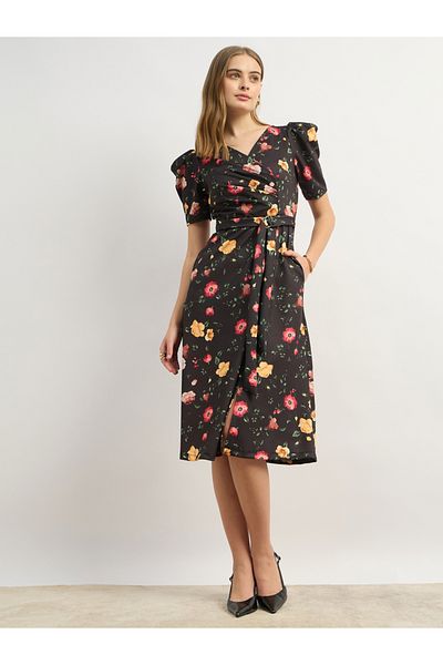 Styli Floral Print A-Line Midi Dress with Puff Sleeves