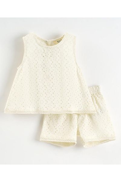 Bonfino Bonfino 100% Cotton Schiffli Top and Shorts Co-ord Set - Off White