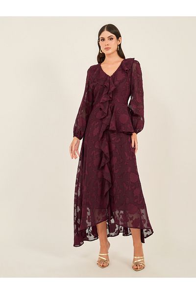Styli Textured Ruffled Lace Detail A-Line Maxi Dress