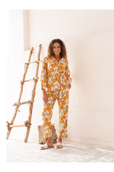 Sanskrutihomes By Styli Floral Print Notch Label Neck Cotton Shirt with Trousers Co-Ords