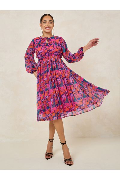 Styli All Over Print Long Sleeve A-Line Midi Dress