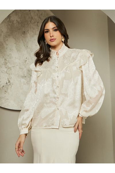 Styli Jacquard Balloon Sleeve Blouse with Ruffle Detail