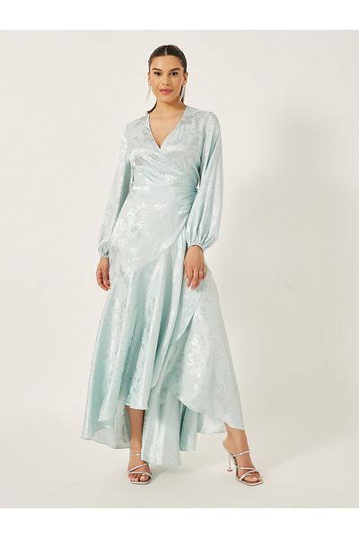 Styli Asymmetric Hem Jacquard Wrap Maxi Dress