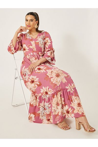 Styli Floral Print Ruffle Hem A-Line Maxi Dress