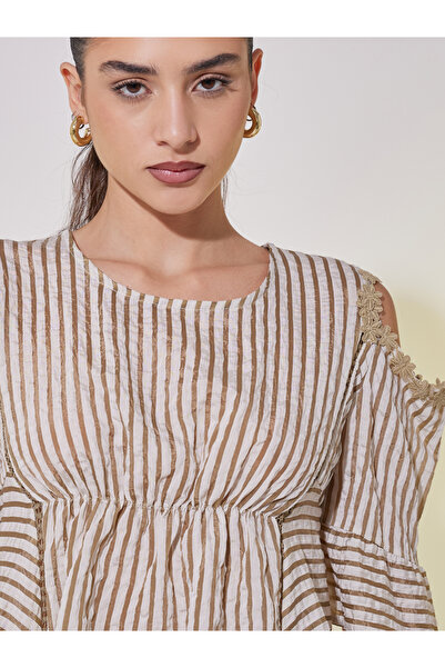 Take Two By Styli Striped Cold Shoulder Sleeve Top with Lace Detail