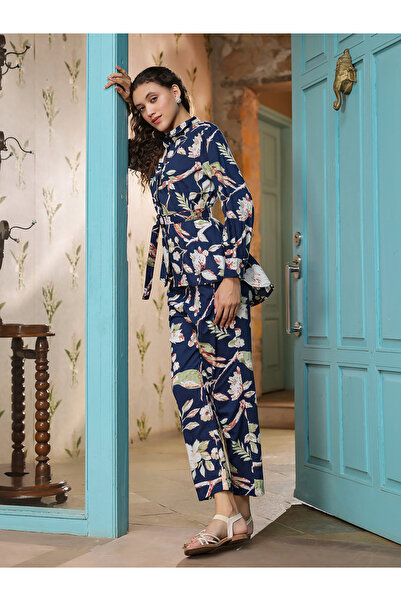 Sanskrutihomes By Styli All-Over Print Cotton Belted Shirt and Trousers Co-Ords