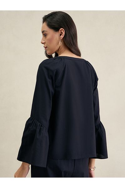 Femmella By Styli Solid Cotton Bell Sleeves Notch Neck Top