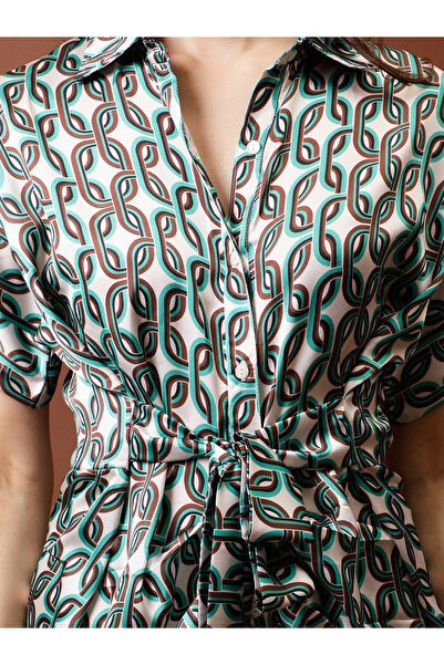 Athena By Styli Printed Satin Shirt Midi Dress with Pleated Detail