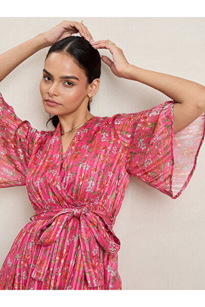 Femmella By Styli Textured Floral Print Wrap Maxi Dress with Waist Tie Up