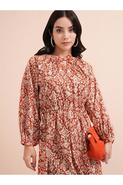 Tokyo Talkies By Styli All-Over Floral Print Tie-Up Neck Midi Dress