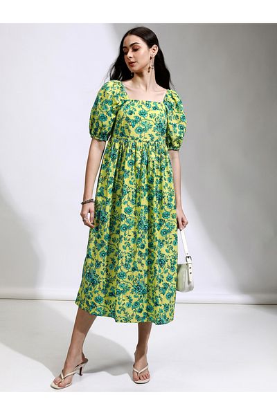 Tokyo Talkies By Styli All-Over Floral Print Puff Sleeve Midi Dress