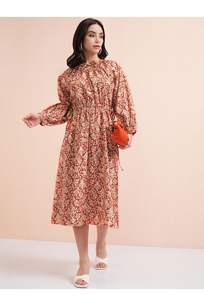 Tokyo Talkies By Styli All-Over Floral Print Tie-Up Neck Midi Dress