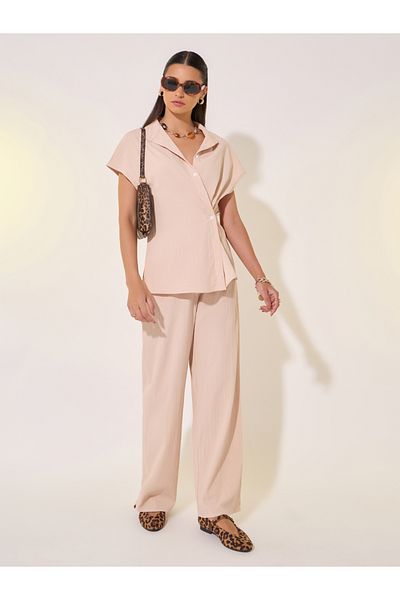 Styli Solid Wrap Buttoned Shirt and Pants Co-Ords