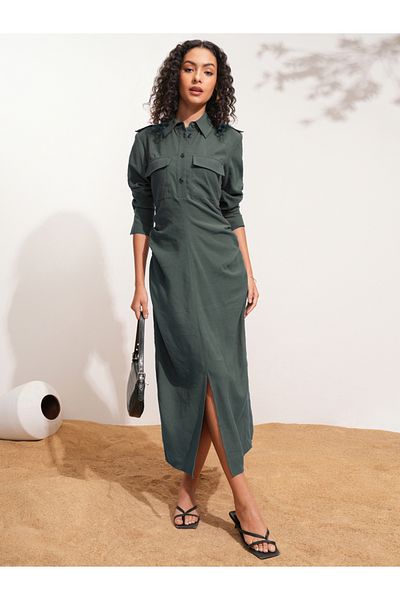 Tokyo Talkies By Styli Solid Collared Shirt Midi Dress with Front Slit Detail