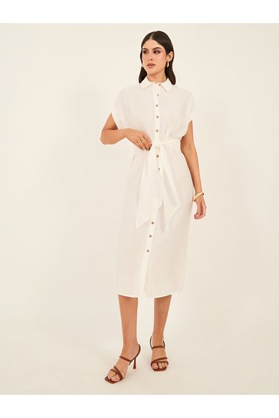 Styli Solid Buttoned Tie Up Shirt Midi Dress