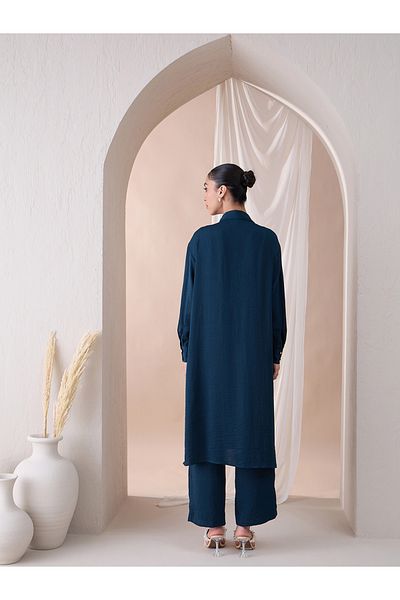 Femmella By Styli Solid Collared Long Tunic and Straight Pants Co-Ords
