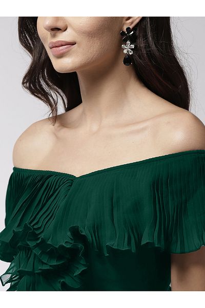 Mish By Styli Off Shoulder Neck Ruffle Detail Flared Hem Maxi Dress