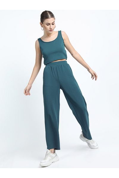 Tokyo Talkies By Styli Solid Round Neck Sleeveless Crop Top with High Rise Trousers Co-Ords