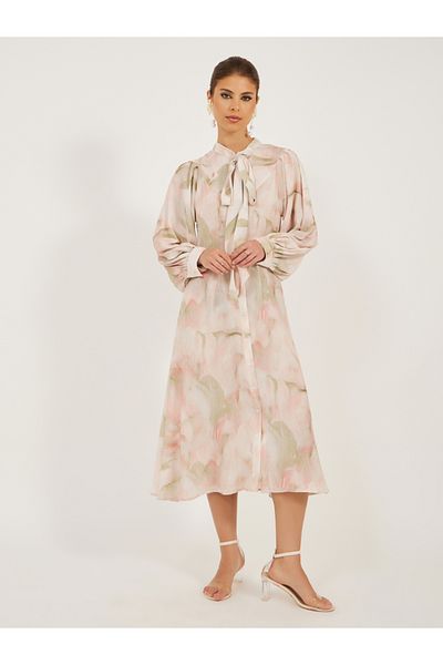 Styli Printed Balloon Sleeves Tie-Up Neck Shirt Midi Dress