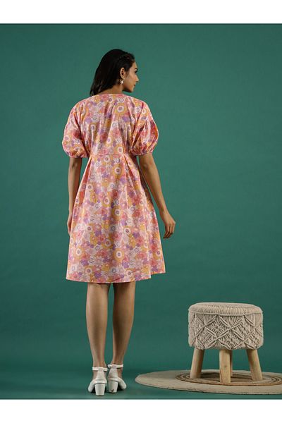 Sanskrutihomes By Styli Floral Print Puff Sleeves Cotton A-Line Knee-Length Dress