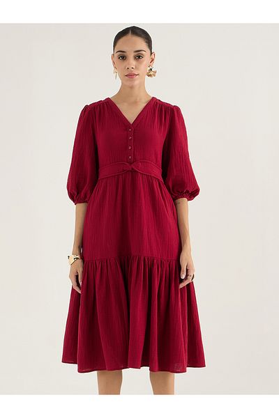 Femmella By Styli V-Neck Balloon Sleeve Cotton Knot Detail Midi Dress