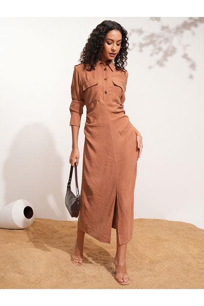 Tokyo Talkies By Styli Solid Collared Shirt Midi Dress with Front Slit Detail