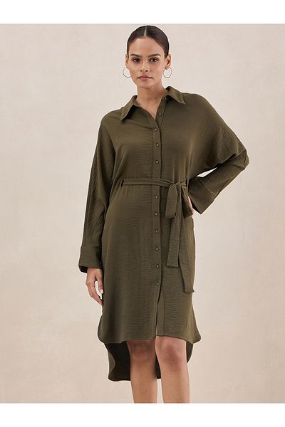 Femmella By Styli Solid Button Down Shirt Midi Dress with Tie-Up Belt