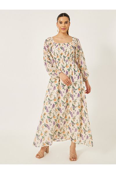 Styli Floral Print Balloon Sleeves A-Line Maxi Dress
