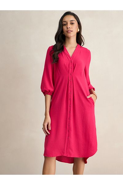 Femmella By Styli Textured Button Down V-Neck Knee Length Dress