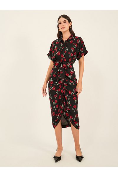 Styli Floral Print Collared Shirt Midi Dress
