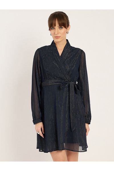 Femmella By Styli Textured V-Neck Wrap Mini Dress with Waist Tie Detail