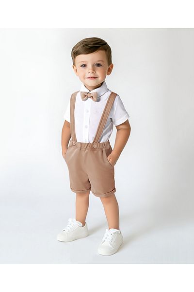Bonfino Bonfino Solid Shirt & Shorts Set with Bow & Suspender - Tan & Off White
