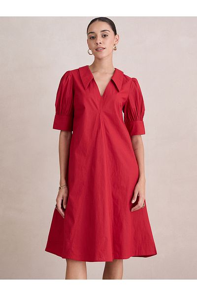 Femmella By Styli Cotton Puff Sleeve V-Neck Midi Dress