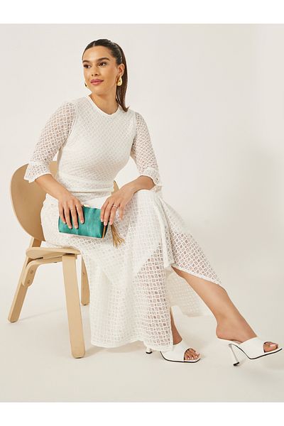 Styli Lace Insert Ruffle Sleeve Asymmetric Hem A-Line Midi Dress