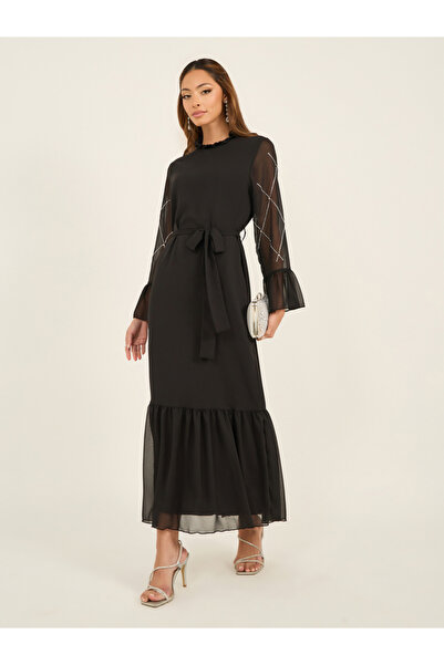 Styli Embellished Ruffle Hem Maxi Dress with Waist Tie Belt