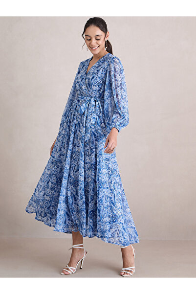 Femmella By Styli Paisley Print Balloon Sleeve Wrap Maxi Dress