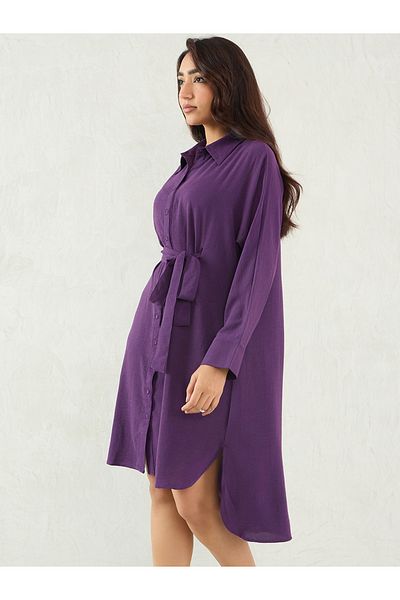 Femmella By Styli Solid Button Down Shirt Knee-Length Dress with Tie-Up Belt