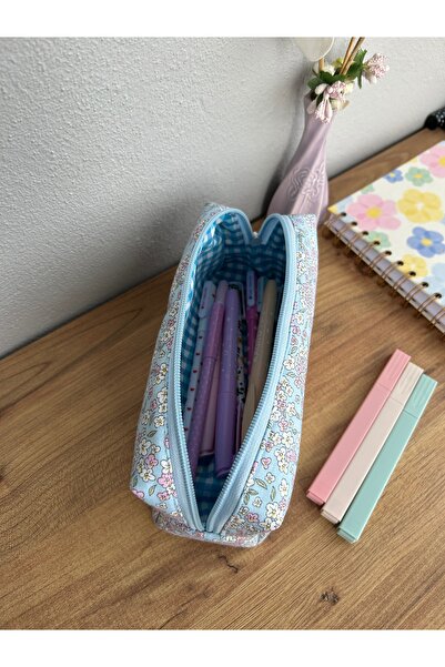 minyaturhayalim Mini renkli çiçekler mavi fermuarlı kalem kutusu kalemlik astarlıdır yıkanabilir ölçü 20-7-6cm