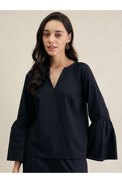 Femmella By Styli Solid Cotton Bell Sleeves Notch Neck Top